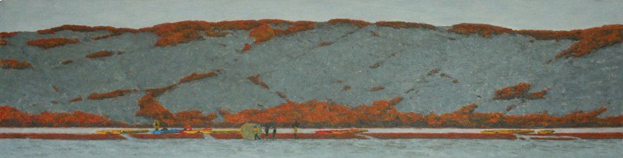 Большая картина в гостиную “Лодки на озере” А. Полковниченко, 47х175 см